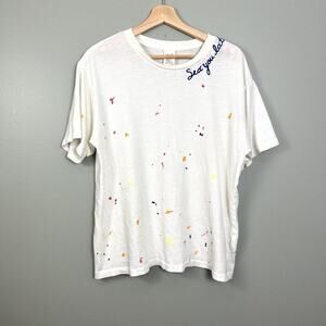 ISMBS Tee White Paint Splatter Cotton Collar Embroidered T-Shirt size Large
